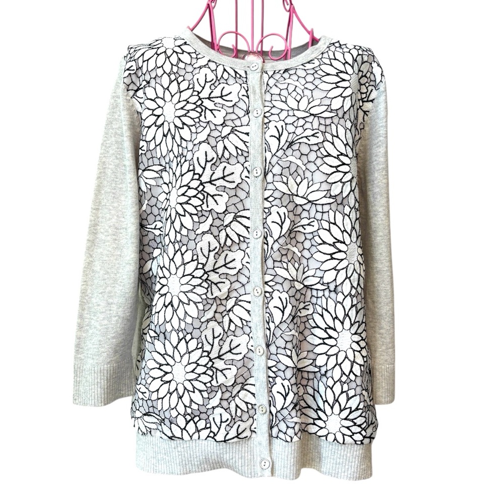 CJ Banks Embroidered Floral Cardigan Sweater Women’s M White & Gray Fairy Grunge